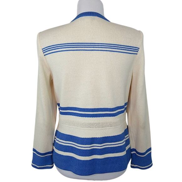 ST. JOHN Santana Knit Cream & Blue Striped Button Front Jacket Women's Size 4 - Picture 3 of 13